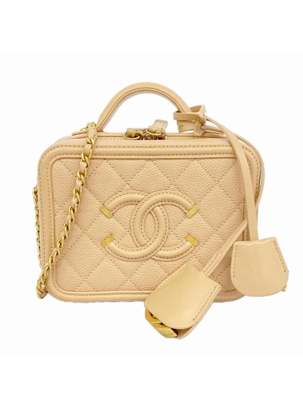 Chanel Handbag CC Filigree Caviar Leather Beige Champagne Gold 2-Way Bag